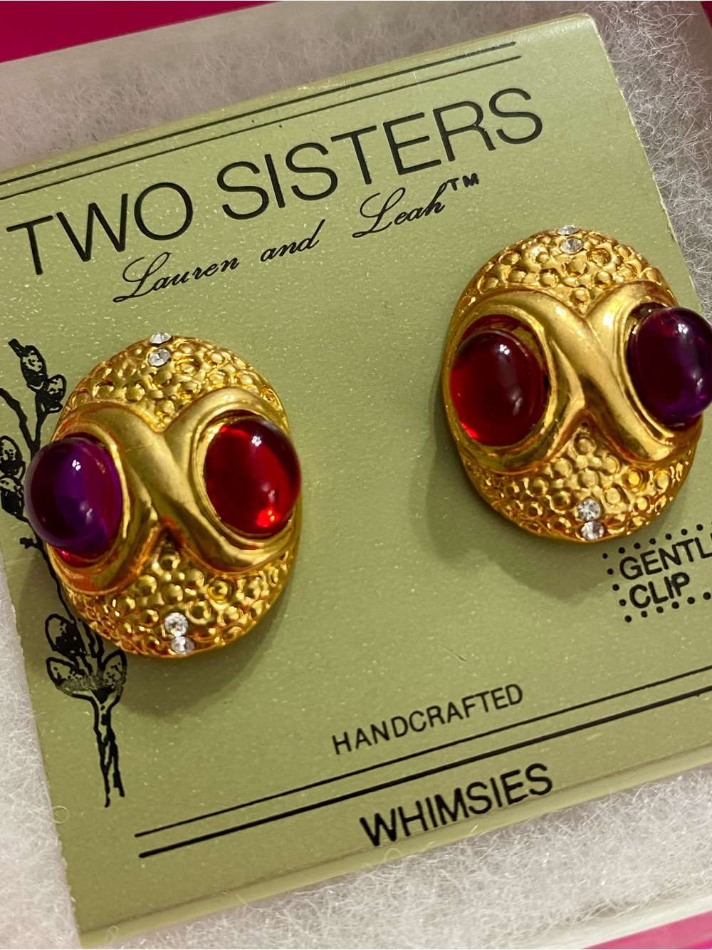 Gold-Tone Red & Purple Stone Clip Earrings